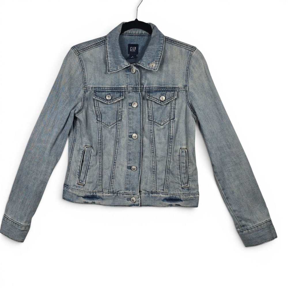 GAP Womens Light Wash Distressed Denim Trucker Jacket Medium Blue Vintage Y2K